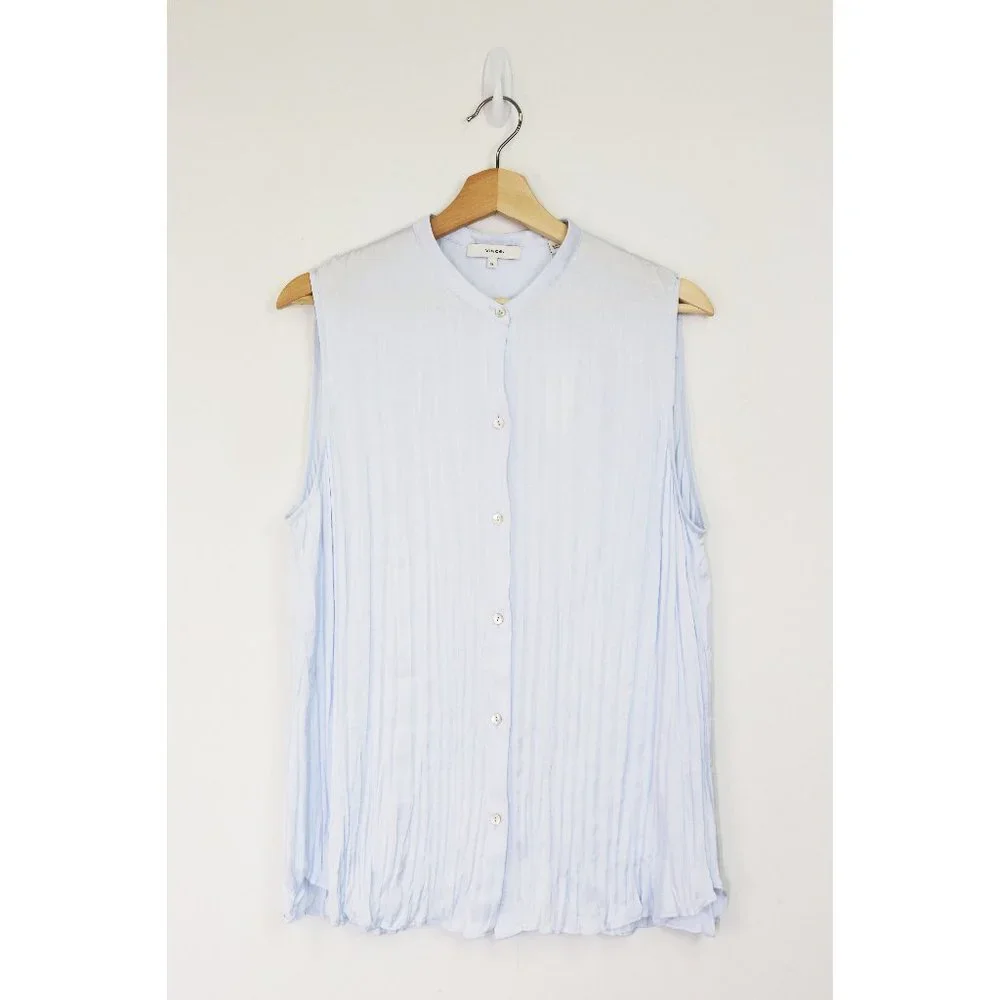 NWT Vince Sleeveless Crushed Satin Band Collar Blouse Powder Blue X Large XL - Picture 4 of 11